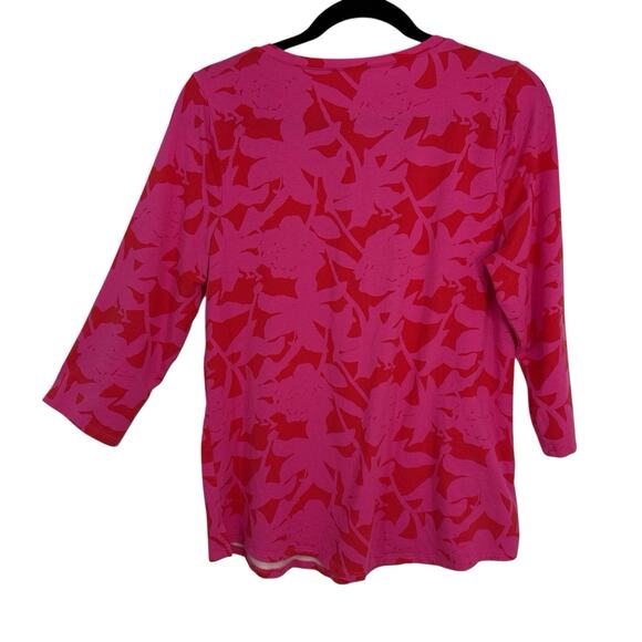 Belle Kim Gravel V Neck Bright Pink Floral 3/4 Sleeve Tee Size Small Pullover - Picture 2 of 7